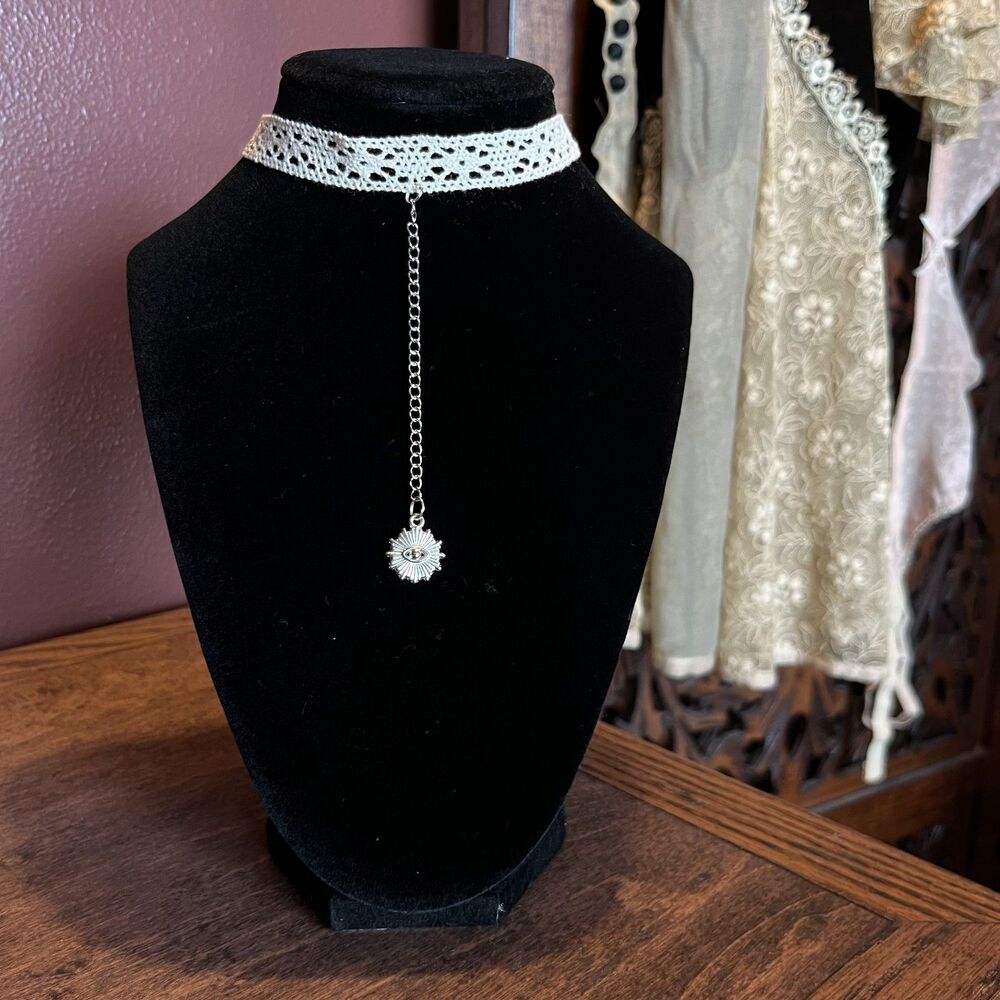 Stainless Steel Silver Evil Eye Drop Choker Antique-Style Lace Whimsygoth